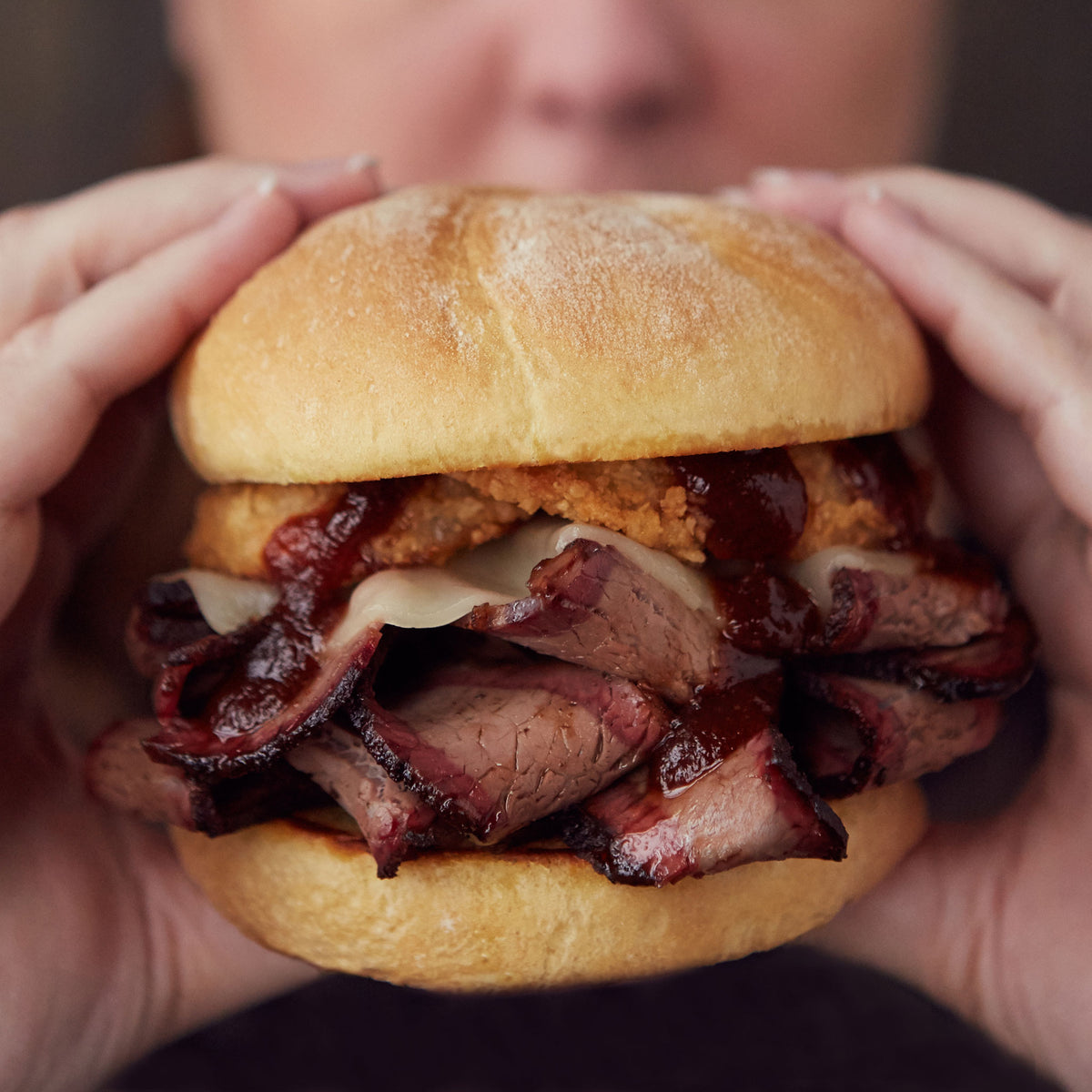 Person holding a z man sandwich